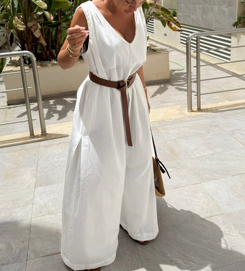 Combinaison ceinturée blanche en lin