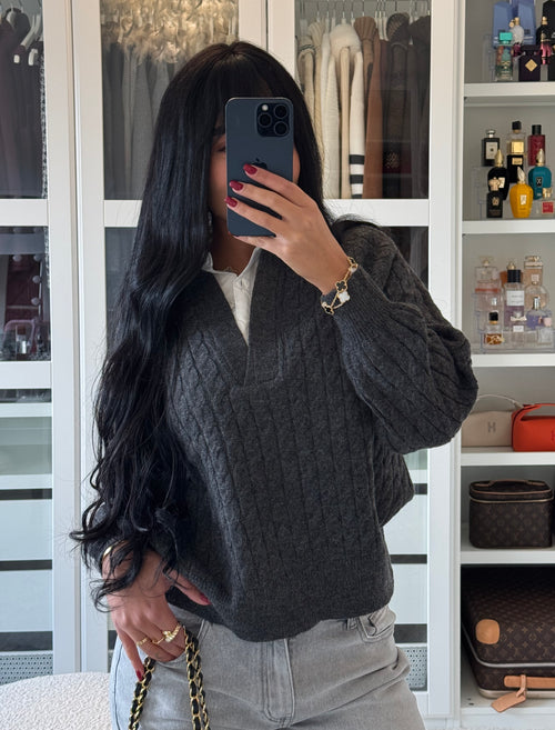 Pull à col chemise gris
