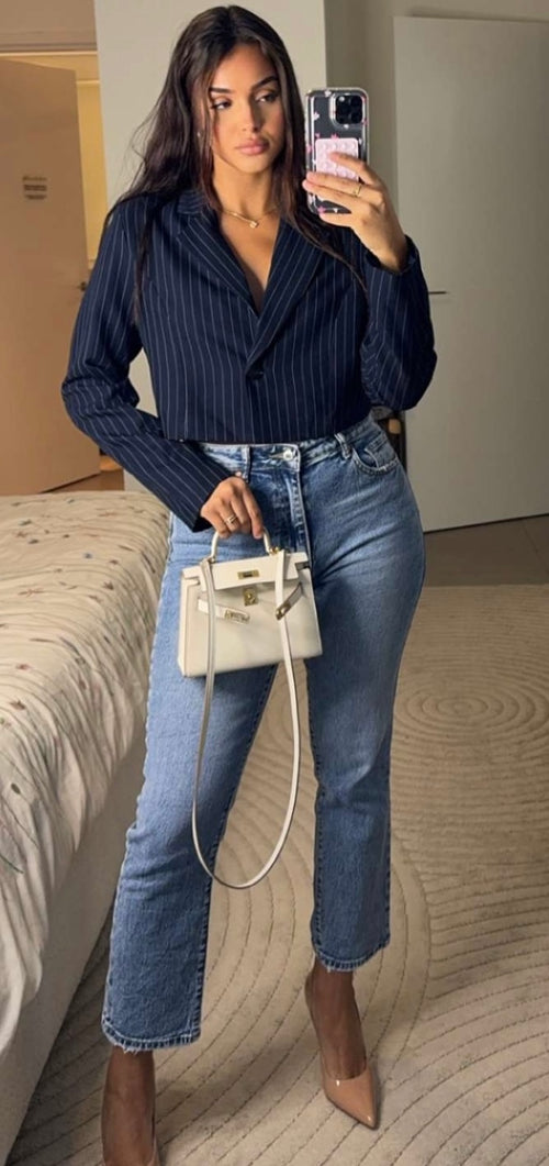 Blazer Cropped à rayures bleu